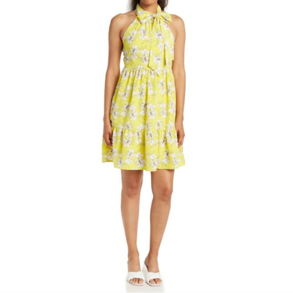 Eliza J Floral Print Tiered Dress Mini Sleeveless Tie Neck New